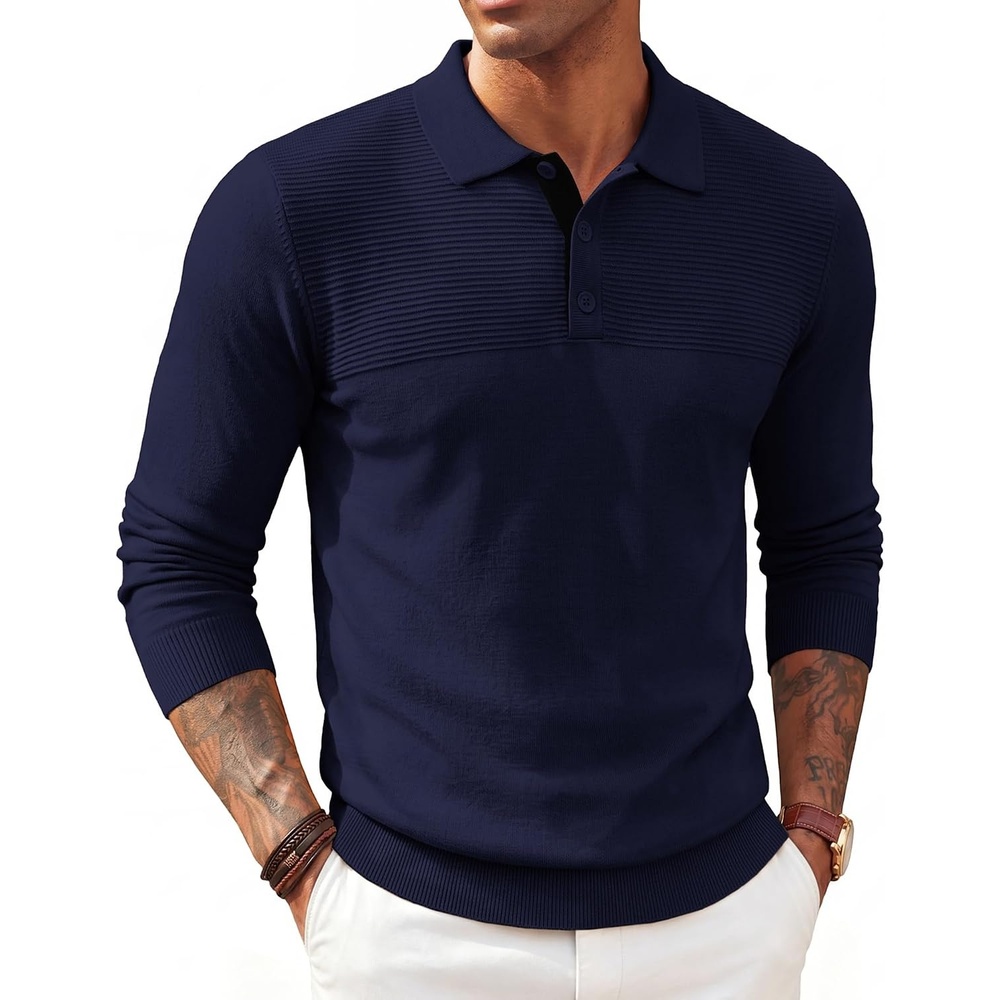 image:imagePJ PAUL JONES Mens Knit Polo Shirt Lightweight Textured Sweater  Polo Sweaters Long Sleeve Collared Regular Fit Fall and Winter Suit for Daily Casual Business Work GolfNavy Blue