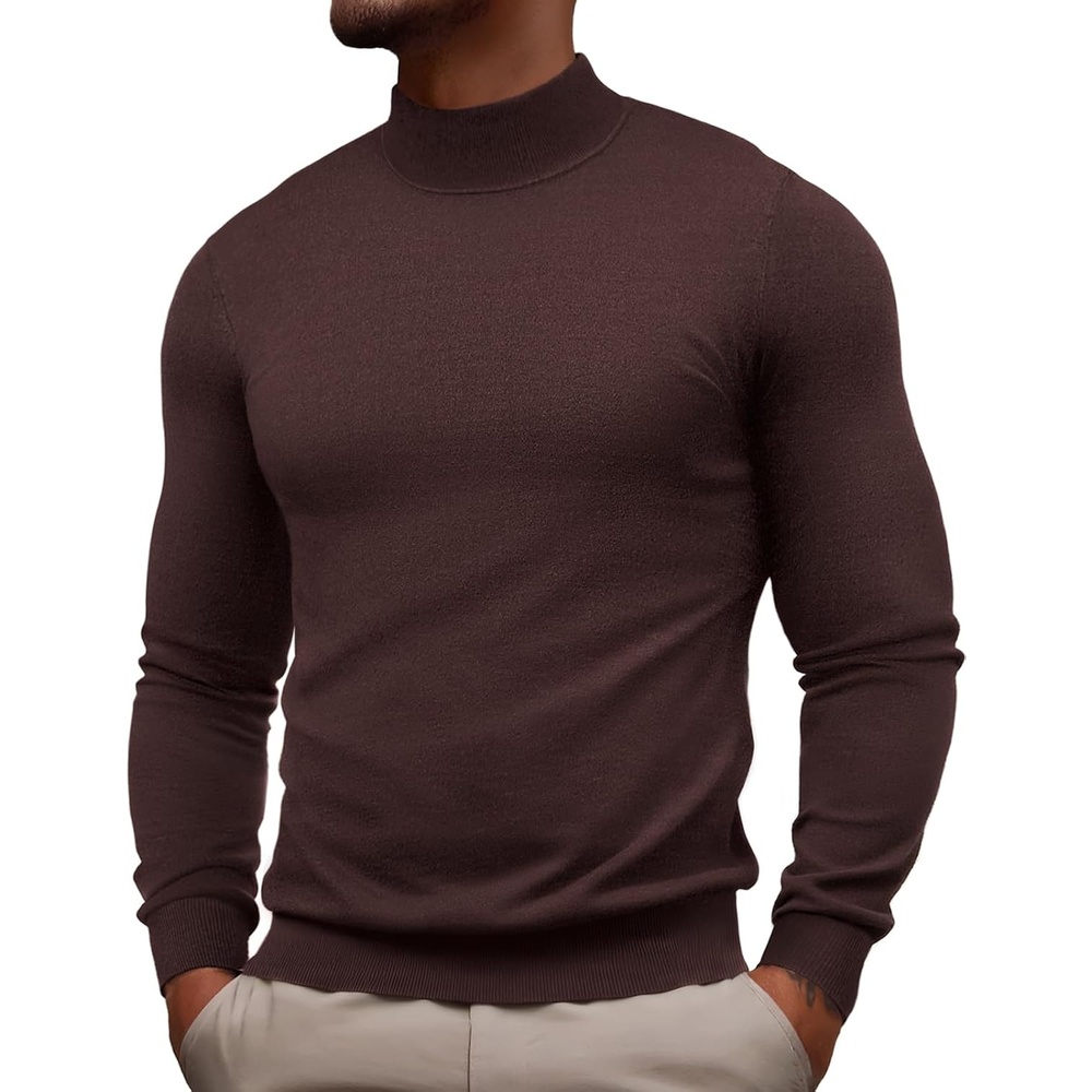 image:imagePJ PAUL JONES Mens Mock Neck Sweater Long Sleeve Sweaters Long sleeve Ribbed cuff and hems Mock TurtleneckTexture knitted Lightweight and stretchy Basic and thermalCoffee