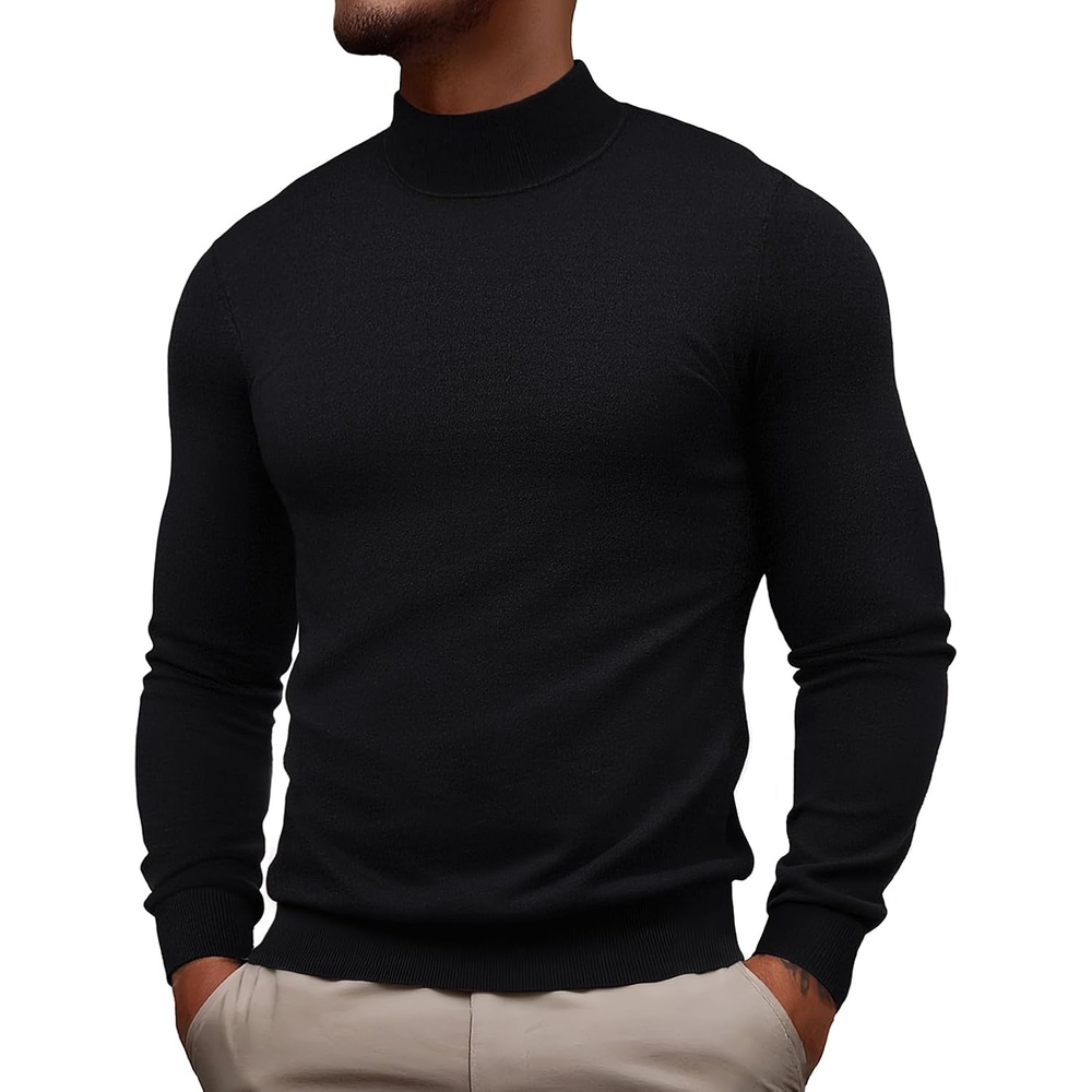 image:imagePJ PAUL JONES Mens Mock Neck Sweater Long Sleeve Sweaters  Long sleeve Ribbed cuff and hems Mock TurtleneckTexture knitted Lightweight and stretchy Basic and thermalBlack