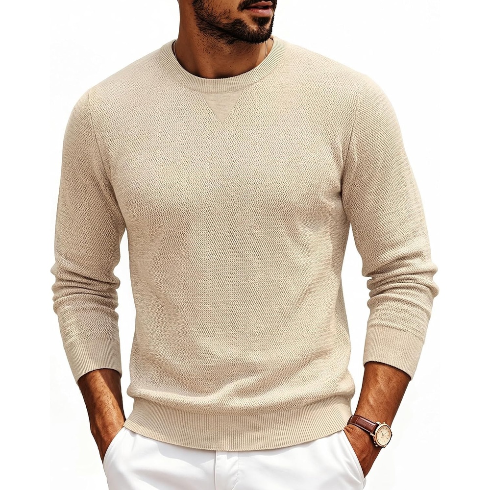 image:imagePJ PAUL JONES Mens Pullover Sweater Casual Crewneck Knit Sweaters Lightweight Long Sleeve Soft Knitted Textured Regular Fit Warm Stretchy Breathable Fall and Winter Business DaliyApricot