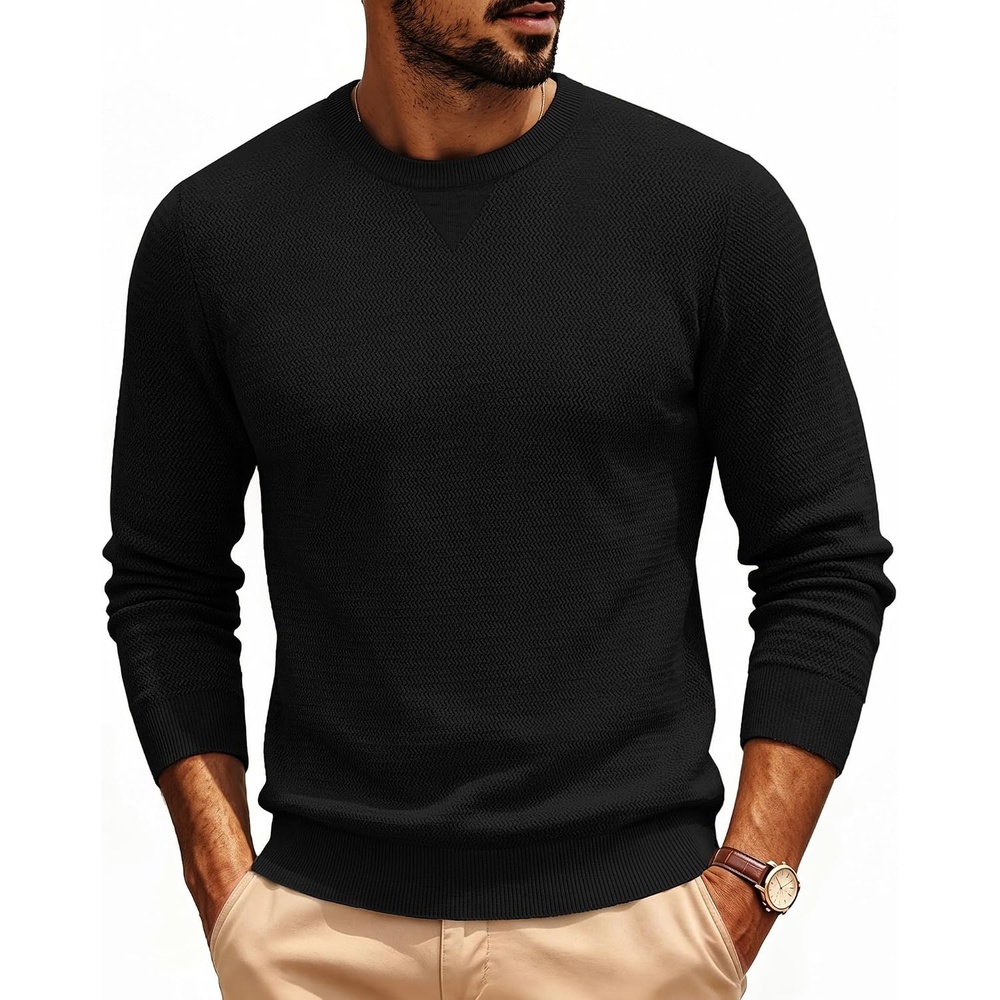 image:imagePJ PAUL JONES Mens Pullover Sweater Casual Crewneck Knit Sweaters Lightweight Long Sleeve Soft Knitted Textured Regular Fit Warm Stretchy Breathable Fall and Winter Business DaliyBlack