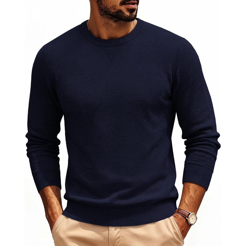 image:imagePJ PAUL JONES Mens Pullover Sweater Casual Crewneck Knit Sweaters Lightweight Long Sleeve Soft Knitted Textured Regular Fit Warm Stretchy Breathable Fall and Winter Business DaliyNavy Blue