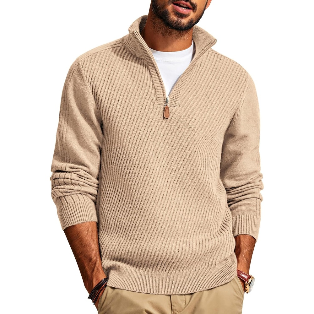 image:imagePJ PAUL JONES Mens Quarter Zip Pullover Sweaters Casual Slim Fit Knit Texture SweaterDark Apricot