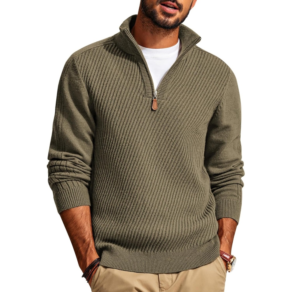 image:imagePJ PAUL JONES Mens Quarter Zip Pullover Sweaters Casual Slim Fit Knit Texture SweaterDark Khaki