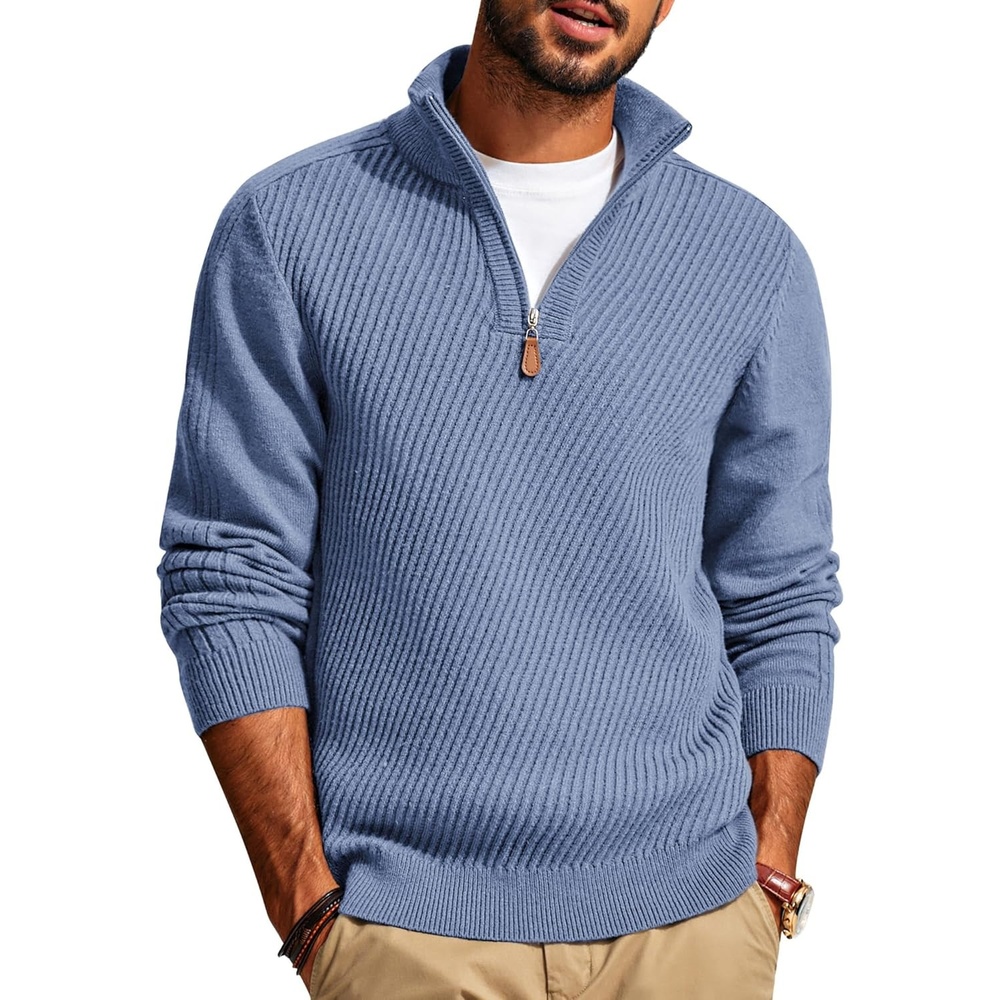 image:imagePJ PAUL JONES Mens Quarter Zip Pullover Sweaters Casual Slim Fit Knit Texture SweaterLight Blue