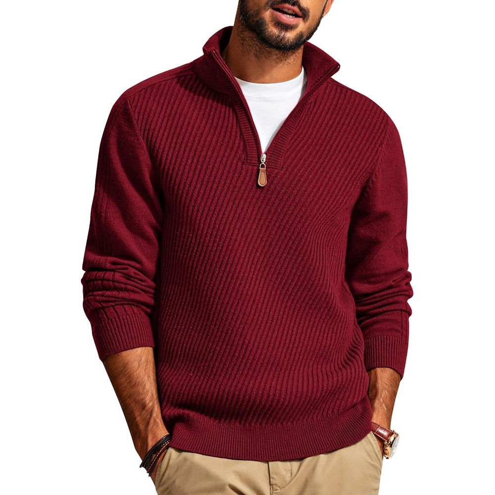 image:imagePJ PAUL JONES Mens Quarter Zip Pullover Sweaters Casual Slim Fit Knit Texture SweaterRed