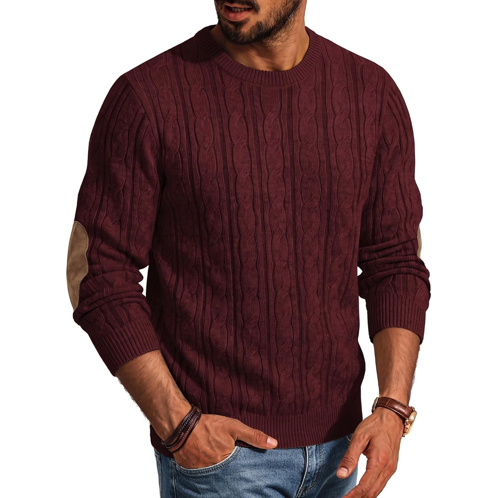 image:imagePJ PAUL JONES Mens Sweater Vintage Cable Knit Pullover Sweater Classic Crew Neck Textured Elbow Suede Patches Casual Soft Warm Stretchable Cozy Long Sleeve Breathable DurableBurgundy