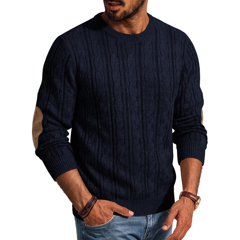 image:imagePJ PAUL JONES Mens Sweater Vintage Cable Knit Pullover Sweater Classic Crew Neck Textured Elbow Suede Patches Casual Soft Warm Stretchable Cozy Long Sleeve Breathable DurableNavy Blue