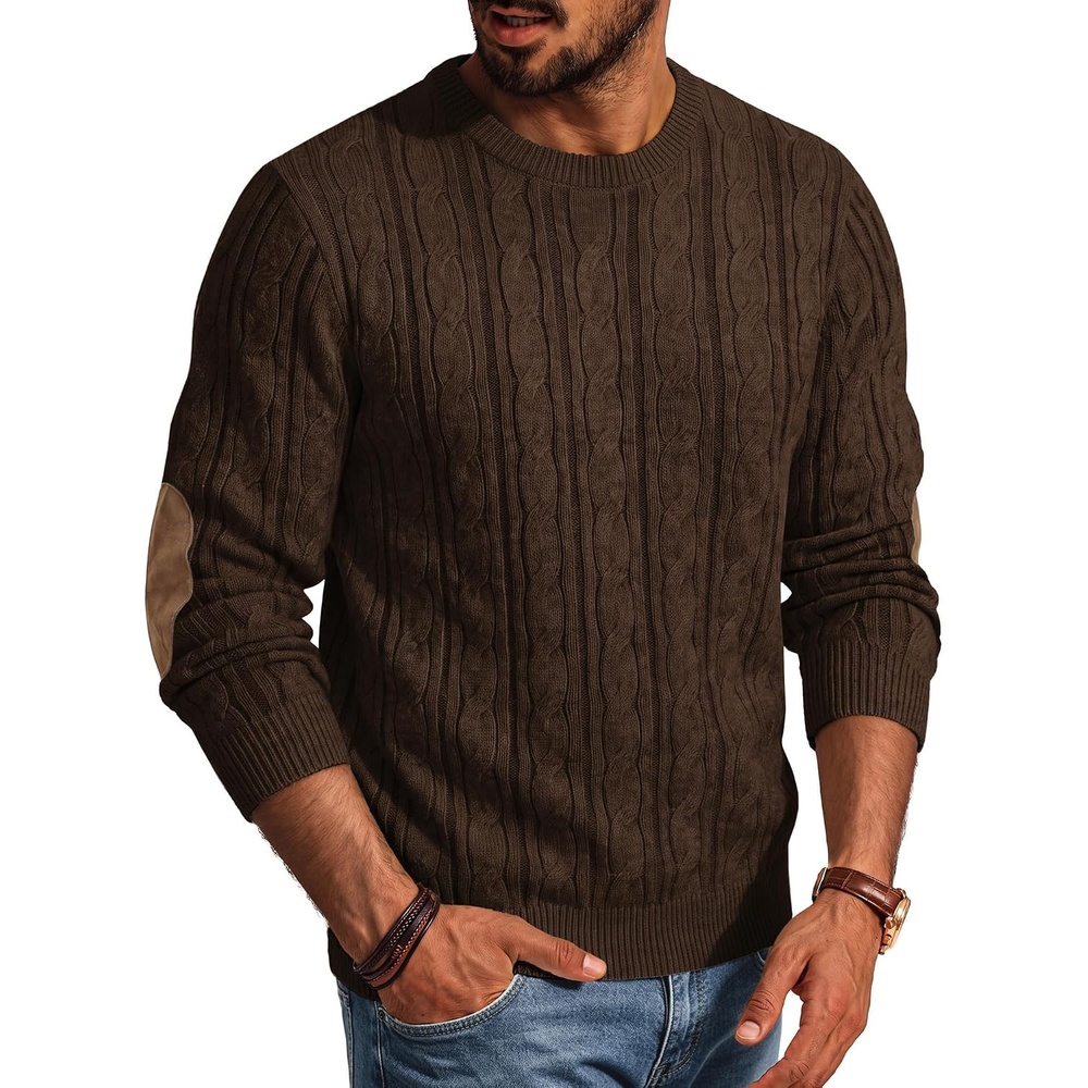 image:imagePJ PAUL JONES Mens Sweater Vintage Cable Knit Pullover Sweater Classic Crew Neck Textured Elbow Suede Patches Casual Soft Warm Stretchable Cozy Long Sleeve Breathable DurableCoffee