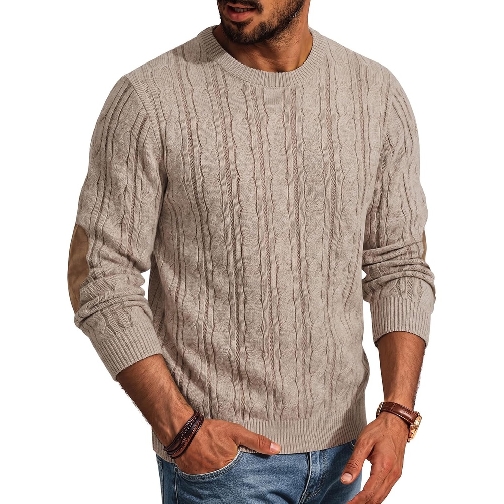 image:imagePJ PAUL JONES Mens Sweater Vintage Cable Knit Pullover Sweater Classic Crew Neck Textured Elbow Suede Patches Casual Soft Warm Stretchable Cozy Long Sleeve Breathable DurableBeige