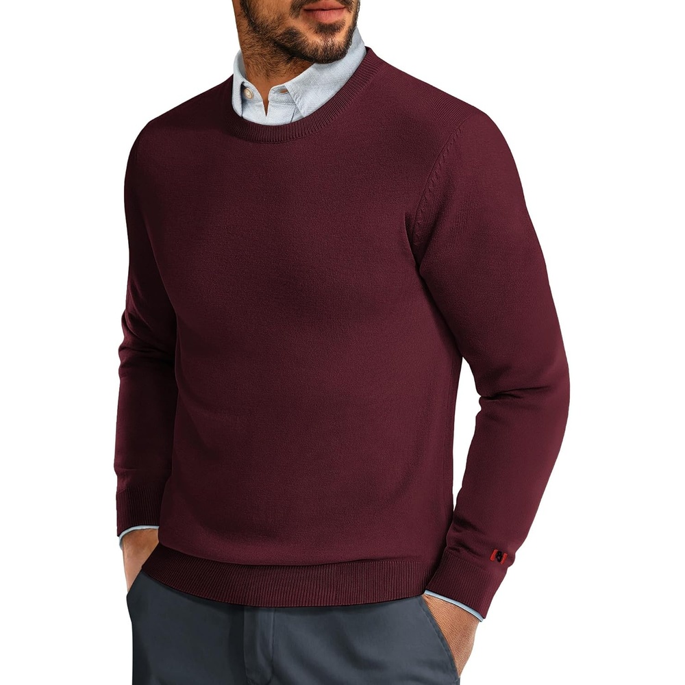 image:imagePJ PAUL JONES Mens Sweaters Crewneck Basic Lightweight Wool Blend Knitted Pullover Long Sleeve Shirts for MenBurgundy