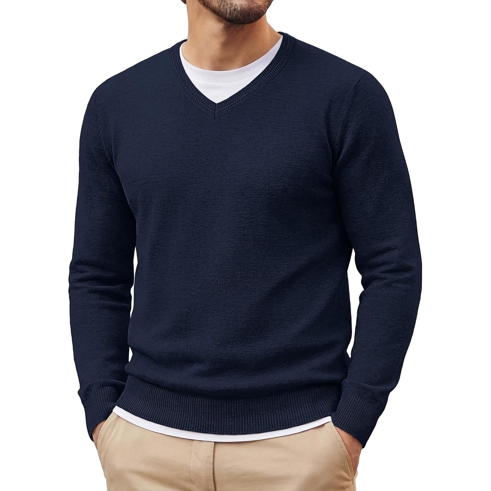 image:imagePJ PAUL JONES Mens V Neck Sweater Wool Blend Knit Pullover Sweaters Casual VNeck Long Sleeve Warm Wool Blend Fitted Style Lightweight Soft Stretchy Knit Dress Business Casual Fall Winter LayeredNavy Blue