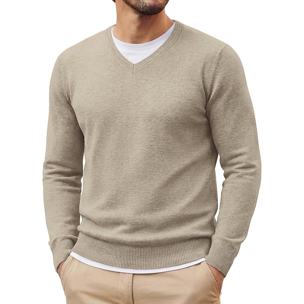 image:imagePJ PAUL JONES Mens V Neck Sweater Wool Blend Knit Pullover Sweaters Casual VNeck Long Sleeve Warm Wool Blend Fitted Style Lightweight Soft Stretchy Knit Dress Business Casual Fall Winter LayeredKhaki