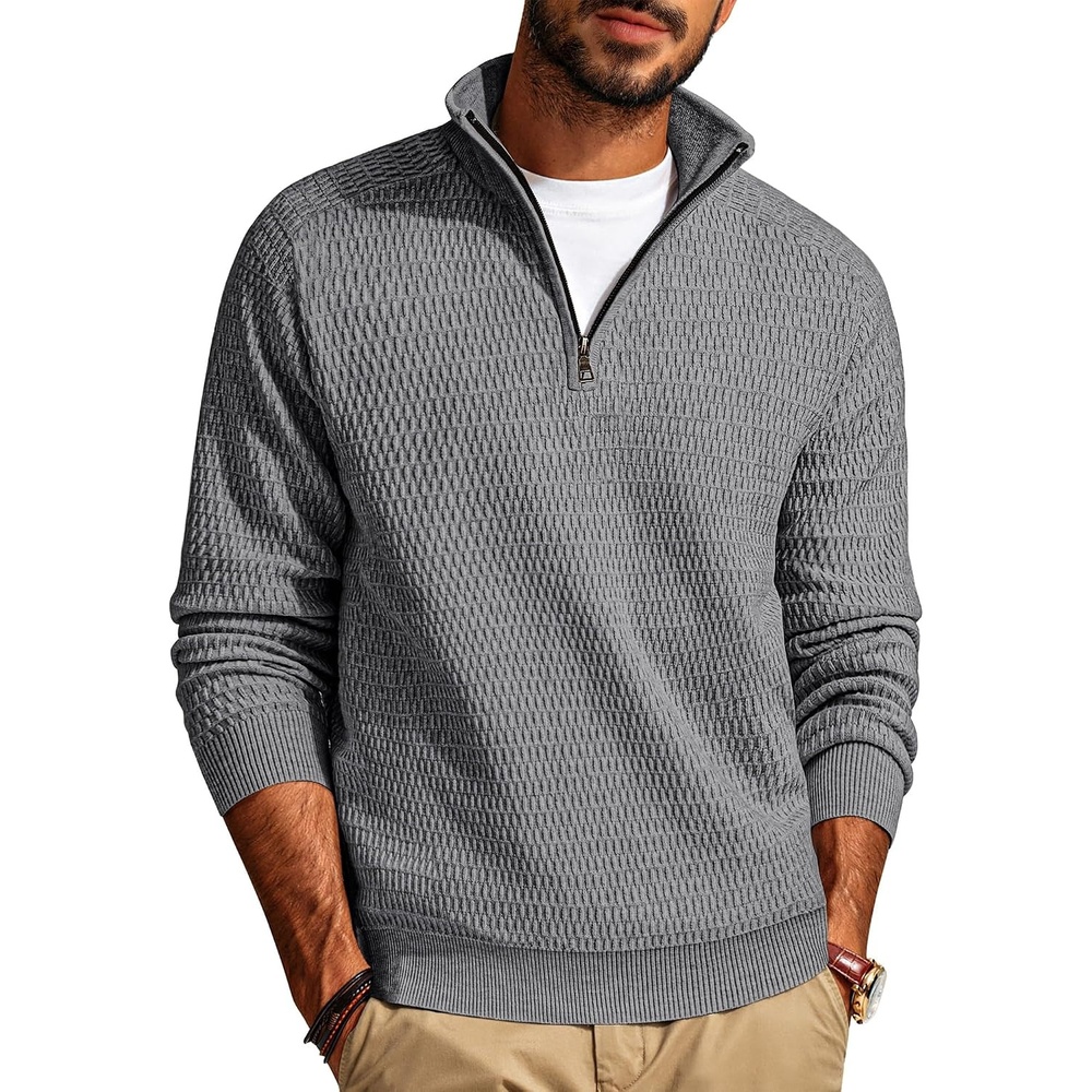image:imagePJ PAUL JONES Sweaters for Men Quarter Zip Knit Pullover Sweater Textured Raglan Long Sleeve Casual Mock Neck Ribbed Cuffs and Hem Solid Color Slim Fit Soft Fall Winter BusinessGrey