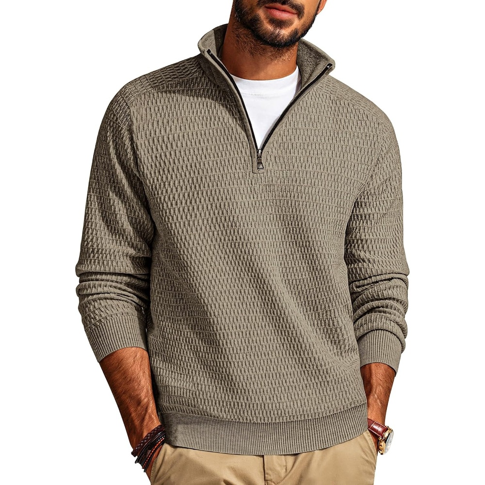 image:imagePJ PAUL JONES Sweaters for Men Quarter Zip Knit Pullover Sweater Textured Raglan Long Sleeve Casual Mock Neck Ribbed Cuffs and Hem Solid Color Slim Fit Soft Fall Winter BusinessKhaki