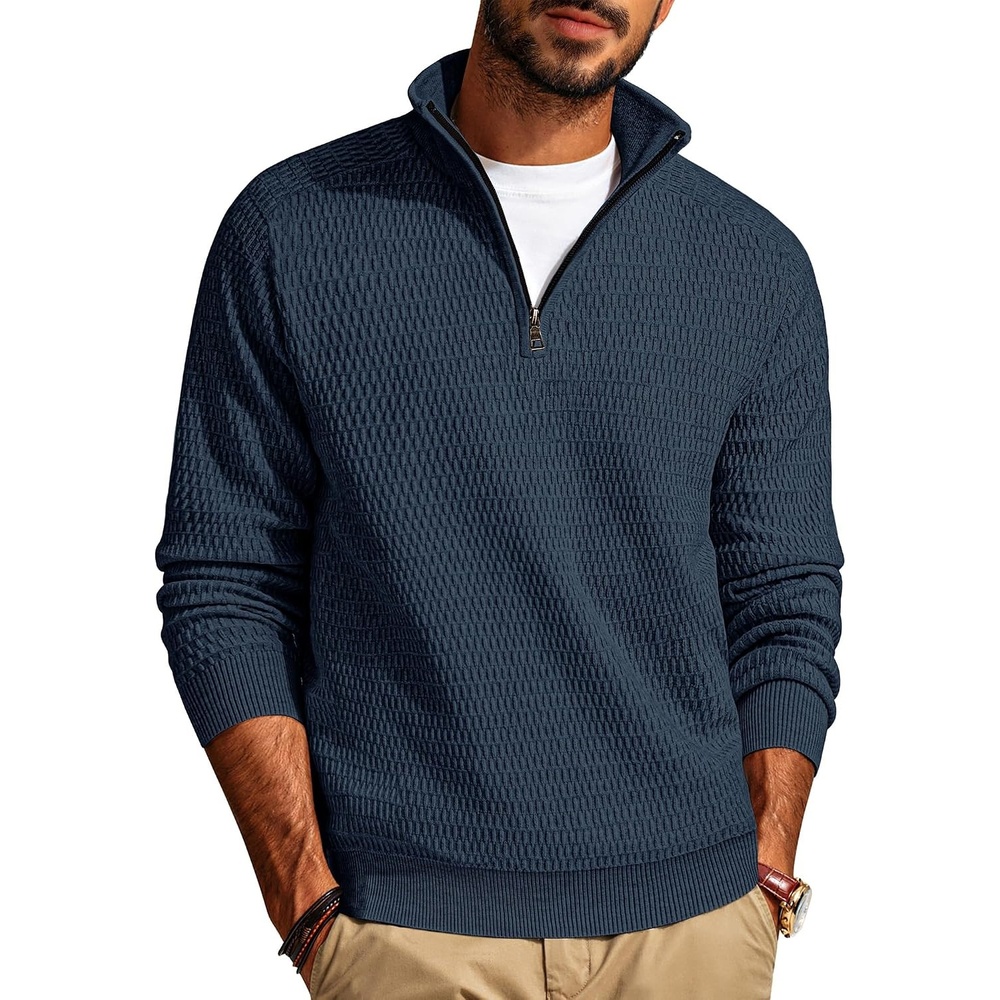 image:imagePJ PAUL JONES Sweaters for Men Quarter Zip Knit Pullover Sweater Textured Raglan Long Sleeve Casual Mock Neck Ribbed Cuffs and Hem Solid Color Slim Fit Soft Fall Winter BusinessBlue