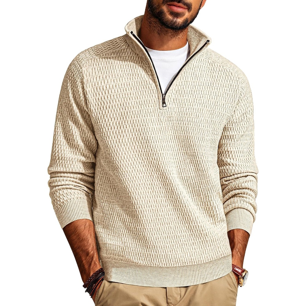 image:imagePJ PAUL JONES Sweaters for Men Quarter Zip Knit Pullover Sweater Textured Raglan Long Sleeve Casual Mock Neck Ribbed Cuffs and Hem Solid Color Slim Fit Soft Fall Winter BusinessBeige