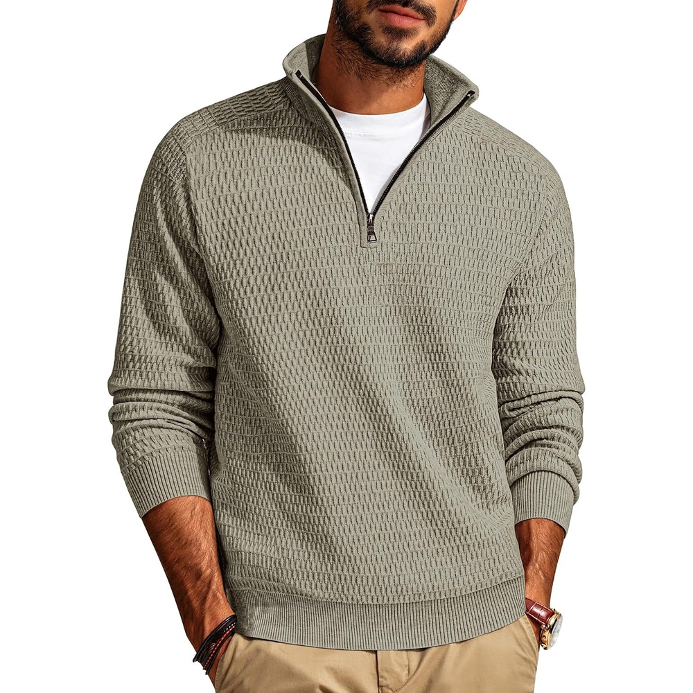 image:imagePJ PAUL JONES Sweaters for Men Quarter Zip Knit Pullover Sweater Textured Raglan Long Sleeve Casual Mock Neck Ribbed Cuffs and Hem Solid Color Slim Fit Soft Fall Winter BusinessKhaki Green
