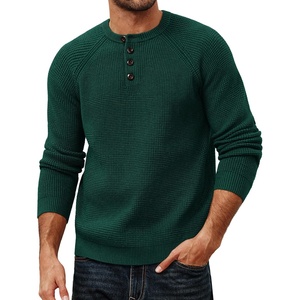 PJ Jones Mens Sweaters Casual Waffle Pullover Sweater Button Crewneck Textured Knit Henley Sweaters(Dark Green)