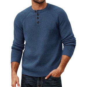 PJ Jones Mens Sweaters Casual Waffle Pullover Sweater Button Crewneck Textured Knit Henley Sweaters(Denim Blue)
