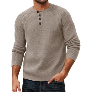 PJ Jones Mens Sweaters Casual Waffle Pullover Sweater Button Crewneck Textured Knit Henley Sweaters(Khaki)