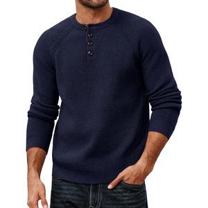 PJ Jones Mens Sweaters Casual Waffle Pullover Sweater Button Crewneck Textured Knit Henley Sweaters(Navy Blue)