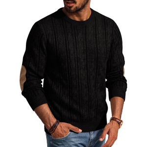 PJ PAUL JONES Mens Sweater Vintage Cable Knit Pullover Sweater | Classic, Crew Neck, Textured, Elbow Suede Patches, Casual, Soft, Warm, Stretchable, Cozy, Long Sleeve, Breathable, Durable(Black)