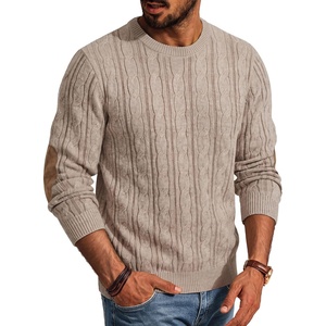 PJ PAUL JONES Mens Sweater Vintage Cable Knit Pullover Sweater | Classic, Crew Neck, Textured, Elbow Suede Patches, Casual, Soft, Warm, Stretchable, Cozy, Long Sleeve, Breathable, Durable(Beige)