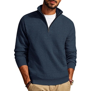 PJ PAUL JONES Sweaters for Men Quarter Zip Knit Pullover Sweater | Textured, Raglan Long Sleeve, Casual, Mock Neck, Ribbed Cuffs and Hem, Solid Color, Slim Fit, Soft, Fall, Winter, Business(Blue)