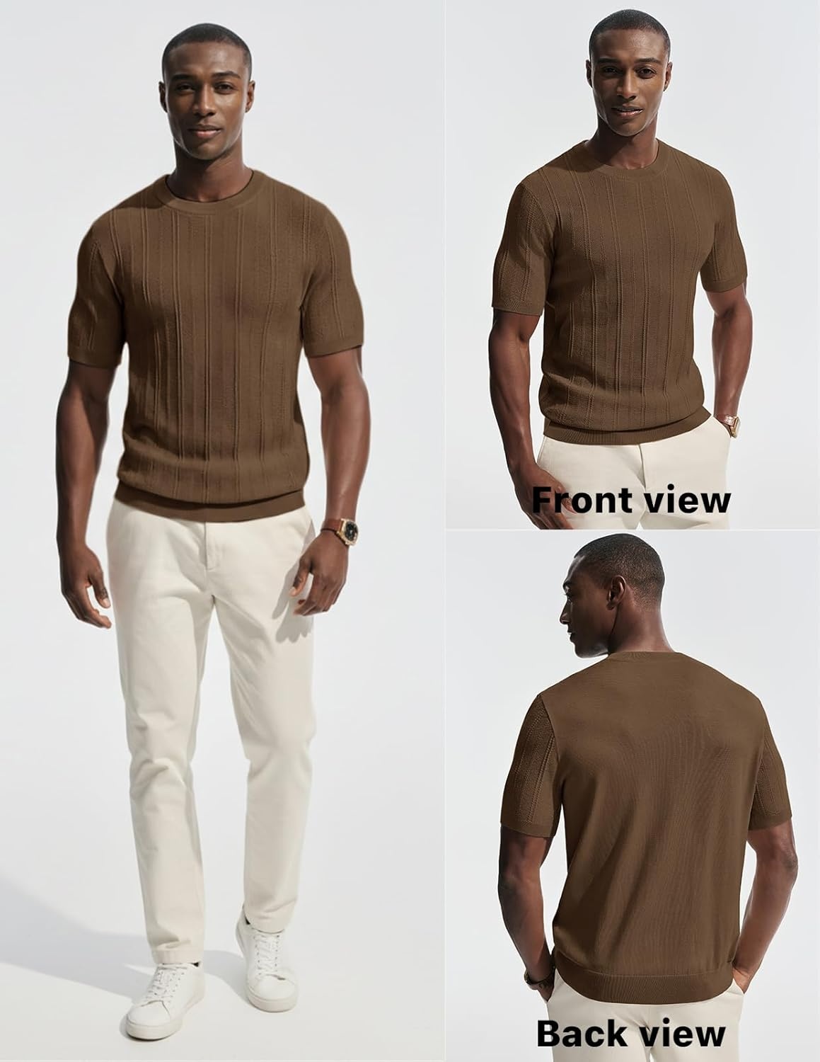 image:imagePJ PAUL JONES Mens TShirts Casual Short Sleeve Crewneck Knit Tee ShirtsCoffeeribbed