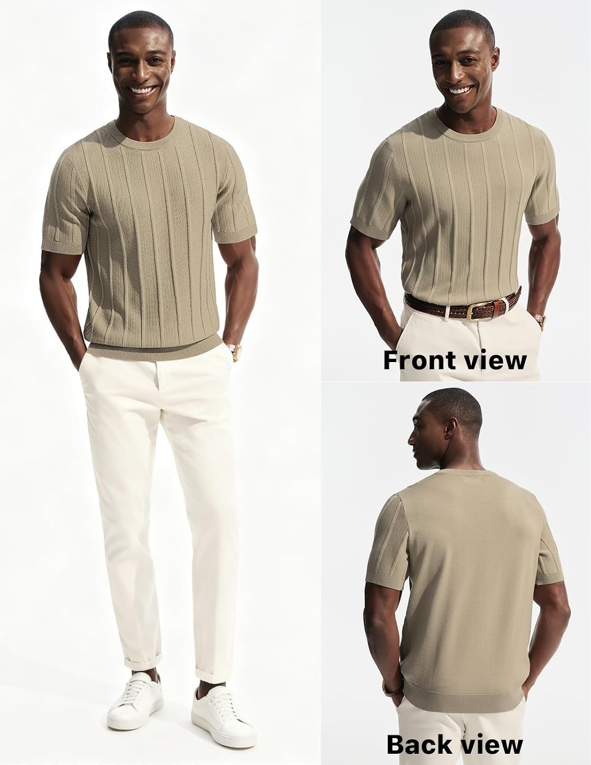 image:imagePJ PAUL JONES Mens TShirts Knit Tee Shirt Textured Crewneck Tee Short Sleeves T ShirtLight Khakiribbed