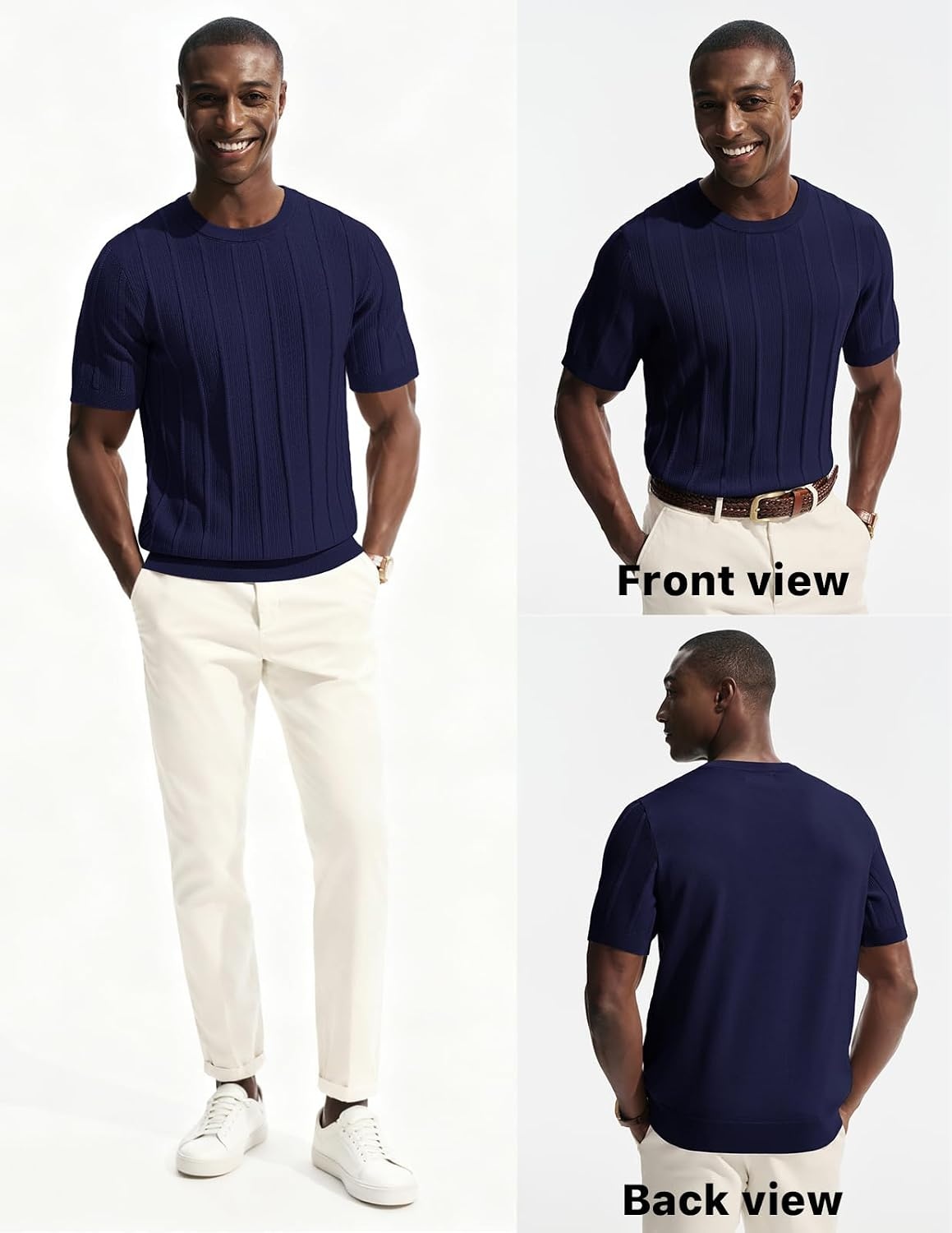 image:imagePJ PAUL JONES Mens TShirts Knit Tee Shirt Textured Crewneck Tee Short Sleeves T ShirtNavy Blueribbed