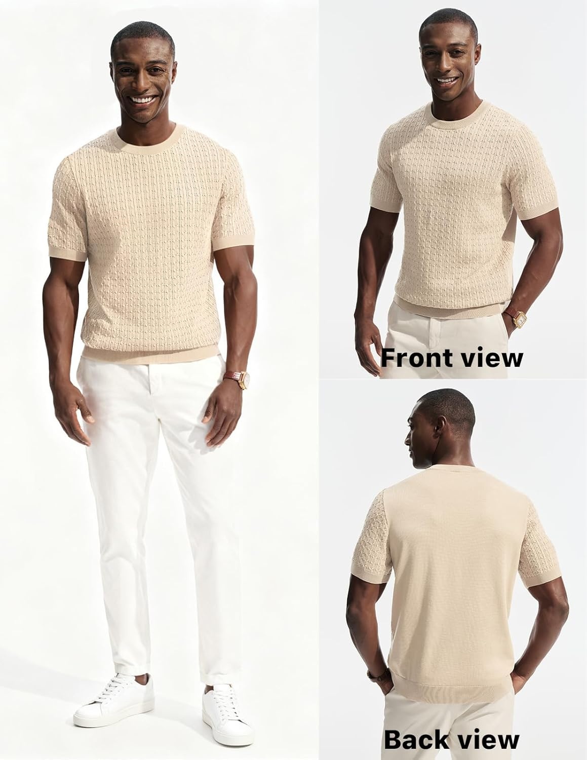 image:imagePJ PAUL JONES Mens TShirts Short Sleeve Textured Knit Shirt Casual Hollow Out Tee Shirts Crewneck Pullover TeesBeige