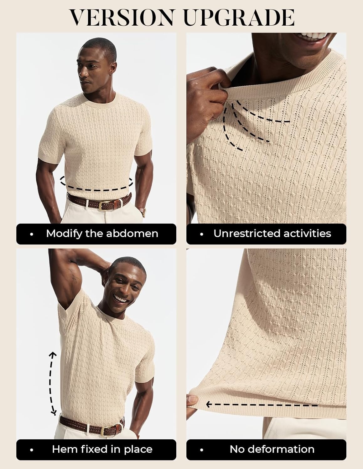 image:imagePJ PAUL JONES Mens TShirts Short Sleeve Textured Knit Shirt Casual Hollow Out Tee Shirts Crewneck Pullover TeesBeige