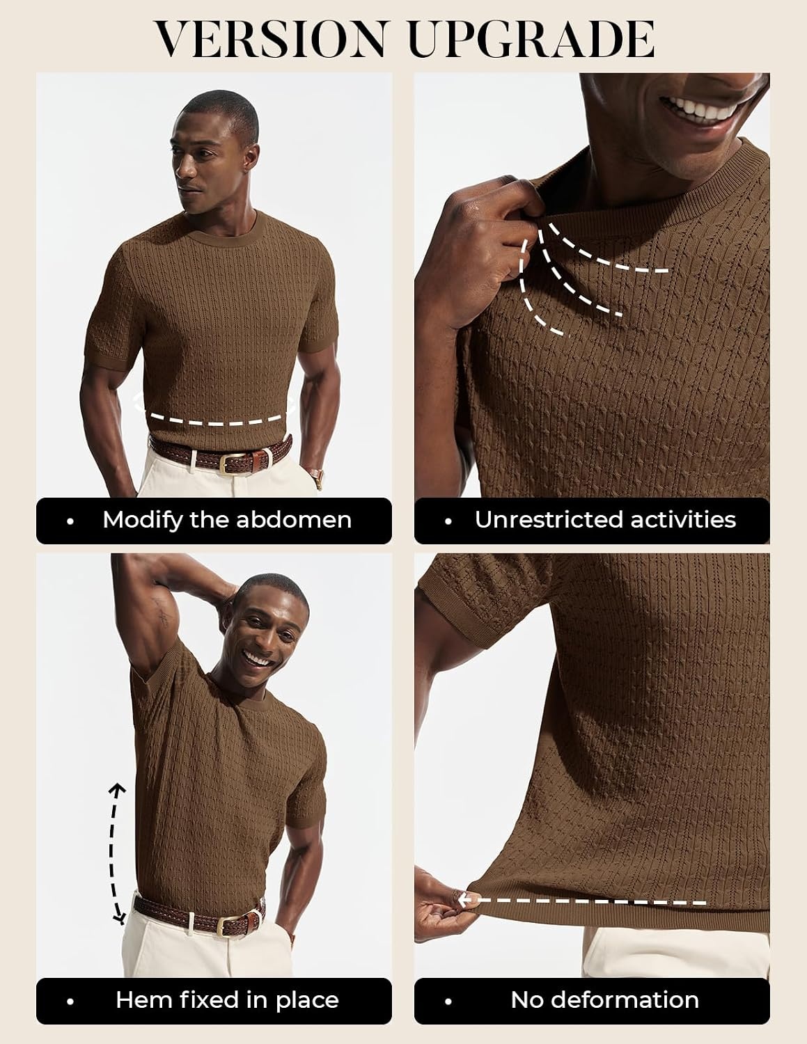 image:imagePJ PAUL JONES Mens TShirts Short Sleeve Textured Knit Shirt Casual Hollow Out Tee Shirts Crewneck Pullover TeesCoffee
