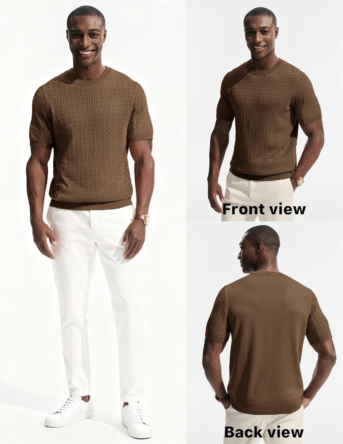image:imagePJ PAUL JONES Mens TShirts Short Sleeve Textured Knit Shirt Casual Hollow Out Tee Shirts Crewneck Pullover TeesCoffee