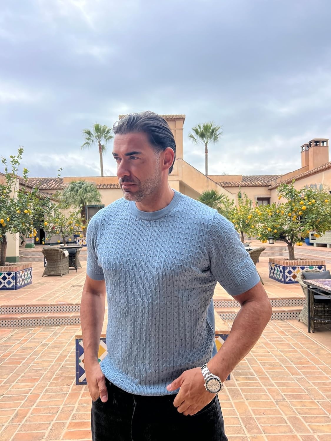 image:imagePJ PAUL JONES Mens TShirts Short Sleeve Textured Knit Shirt Casual Hollow Out Tee Shirts Crewneck Pullover TeesGrey Blue