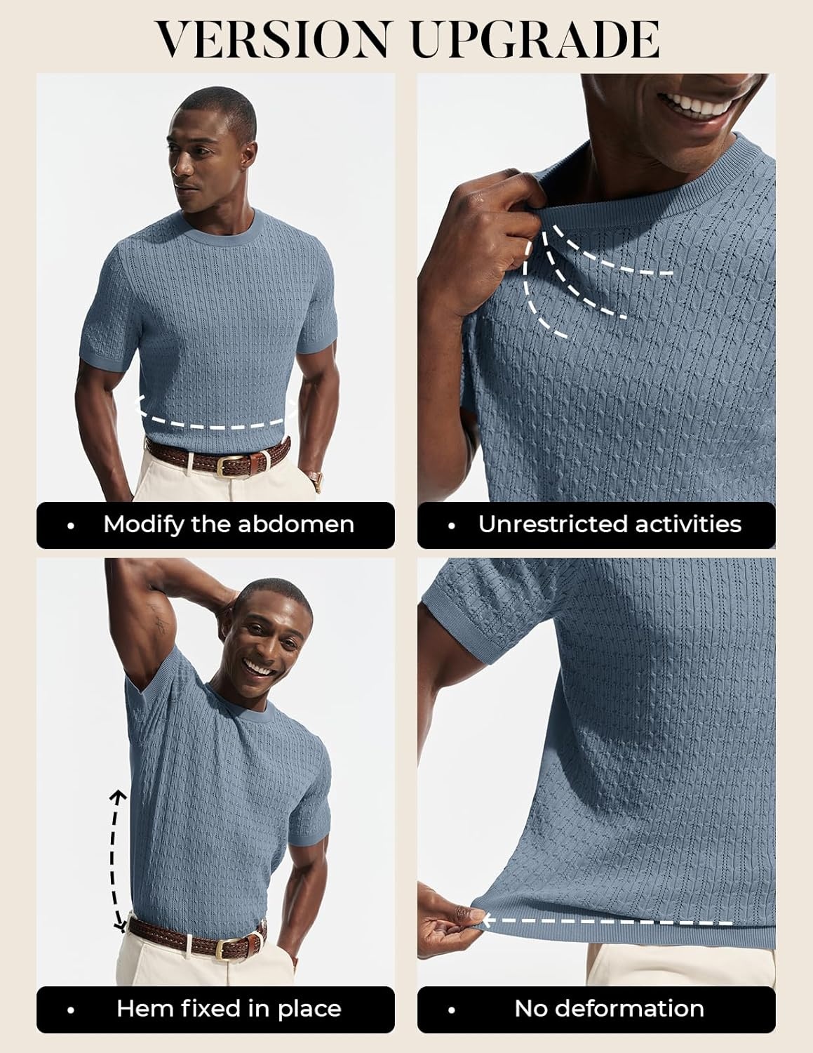 image:imagePJ PAUL JONES Mens TShirts Short Sleeve Textured Knit Shirt Casual Hollow Out Tee Shirts Crewneck Pullover TeesGrey Blue