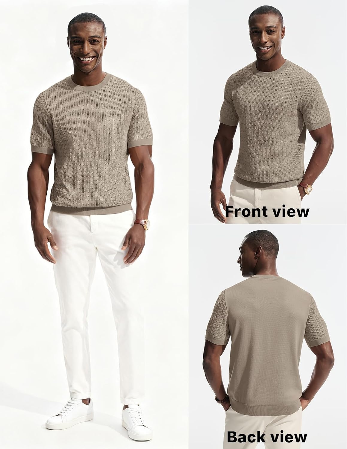 image:imagePJ PAUL JONES Mens TShirts Short Sleeve Textured Knit Shirt Casual Hollow Out Tee Shirts Crewneck Pullover TeesKhaki
