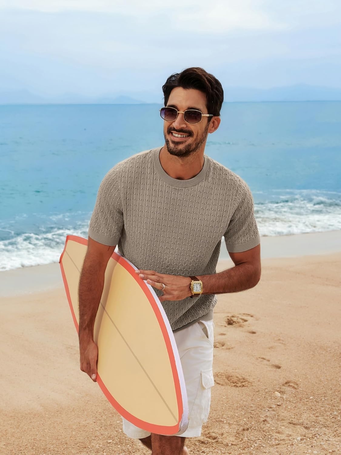 image:imagePJ PAUL JONES Mens TShirts Short Sleeve Textured Knit Shirt Casual Hollow Out Tee Shirts Crewneck Pullover TeesKhaki