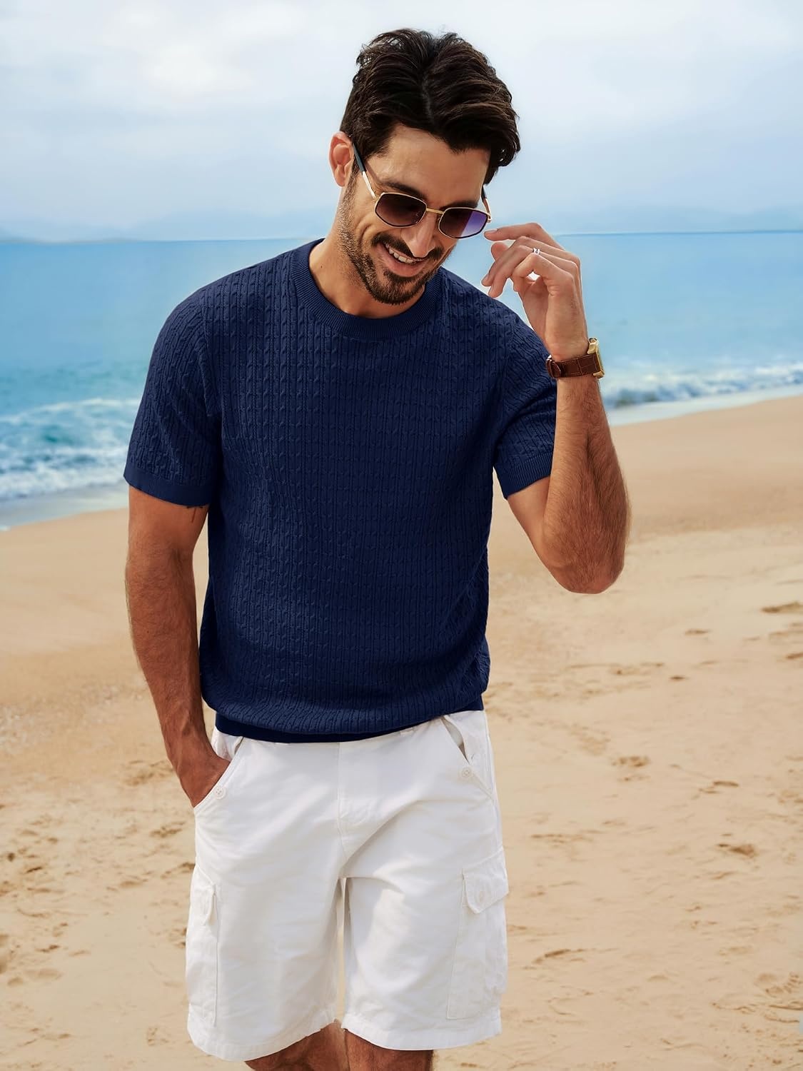 image:imagePJ PAUL JONES Mens TShirts Short Sleeve Textured Knit Shirt Casual Hollow Out Tee Shirts Crewneck Pullover TeesNavy Blue