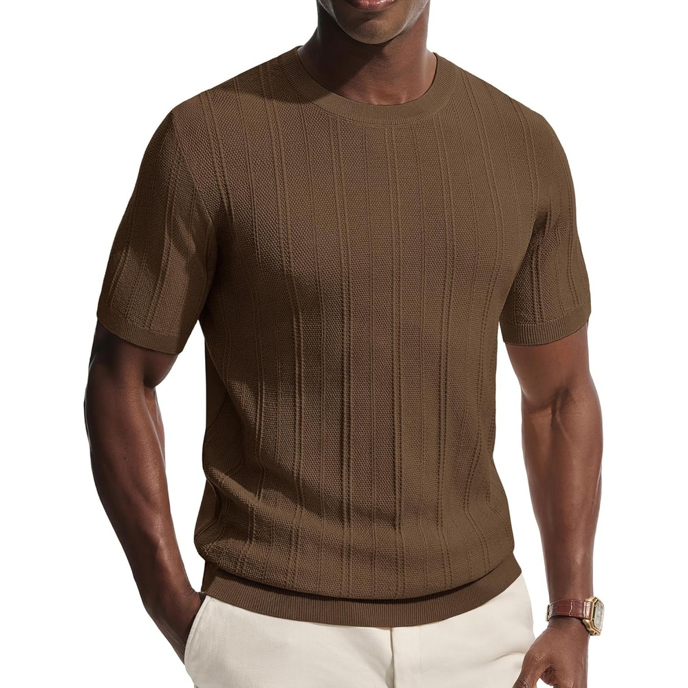 image:imagePJ PAUL JONES Mens TShirts Casual Short Sleeve Crewneck Knit Tee ShirtsCoffeeribbed