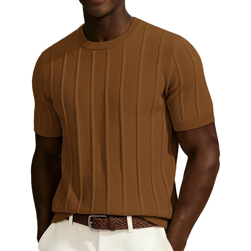 image:imagePJ PAUL JONES Mens TShirts Knit Tee Shirt Textured Crewneck Tee Short Sleeves T ShirtBrownribbed