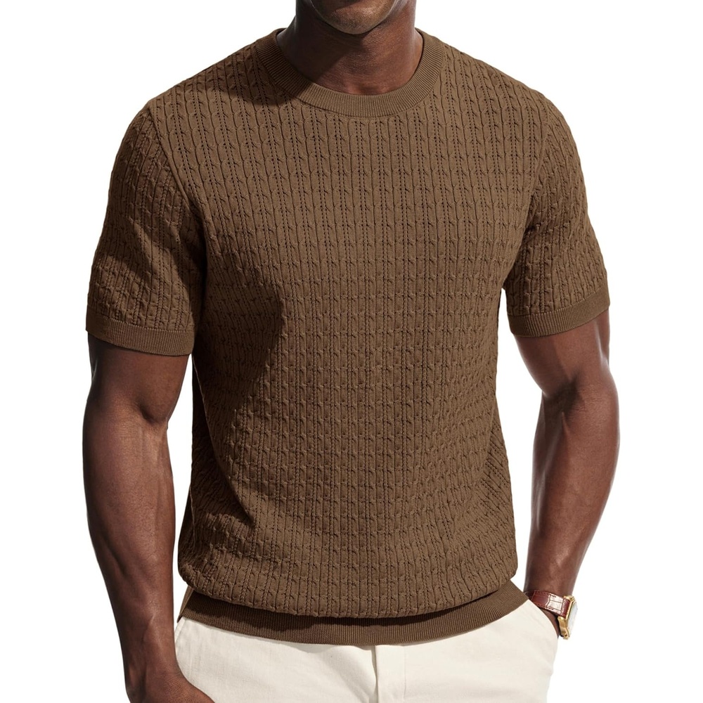 image:imagePJ PAUL JONES Mens TShirts Short Sleeve Textured Knit Shirt Casual Hollow Out Tee Shirts Crewneck Pullover TeesCoffee