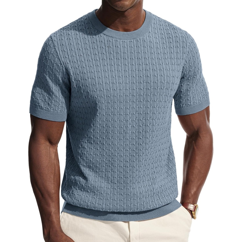 image:imagePJ PAUL JONES Mens TShirts Short Sleeve Textured Knit Shirt Casual Hollow Out Tee Shirts Crewneck Pullover TeesGrey Blue