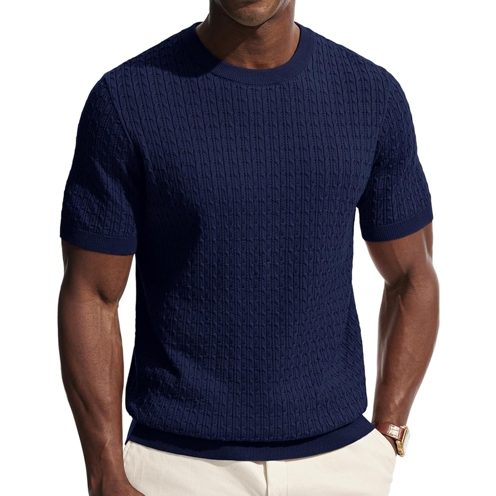 image:imagePJ PAUL JONES Mens TShirts Short Sleeve Textured Knit Shirt Casual Hollow Out Tee Shirts Crewneck Pullover TeesNavy Blue