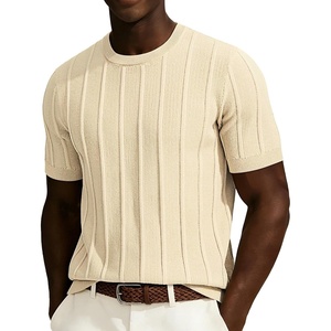 PJ PAUL JONES Mens T-Shirts Knit Tee Shirt Textured Crewneck Tee Short Sleeves T Shirt(Apricot-ribbed)