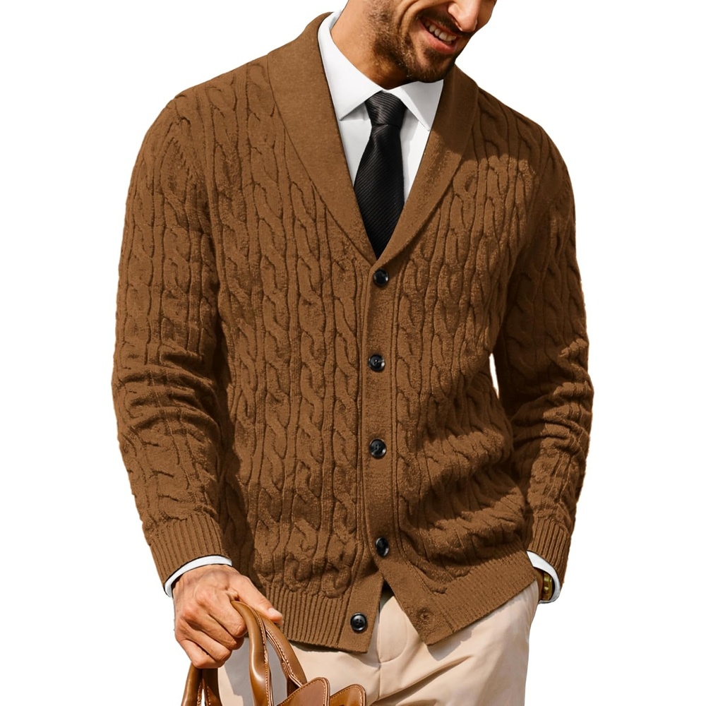 image:imagePJ PAUL JONES Mens Cable Knit Cardigan Button Down Dress Sweaters  Shawl VNeck Collar Business Casual Style Cozy Warm Knit Soft Stretch Material Fall Winter Layering Classic Vintage LookCamel