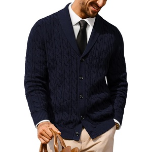 PJ PAUL JONES Mens Cable Knit Cardigan Button Down Dress Sweaters | Shawl V-Neck Collar, Business Casual Style, Cozy Warm Knit, Soft Stretch Material, Fall Winter Layering, Classic Vintage Look(Navy Blue)