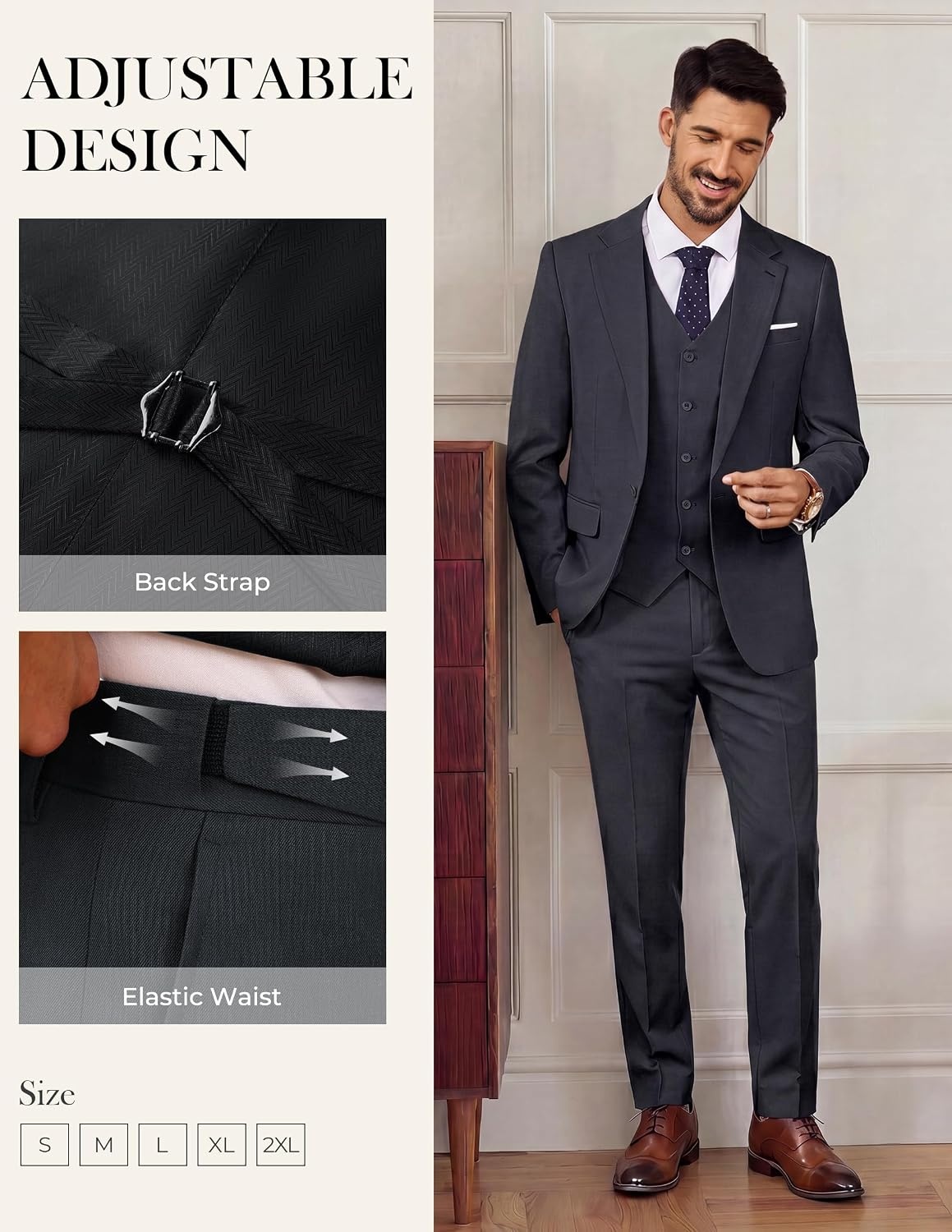 image:imagePJ PAUL JONES 3 Piece Suits for Men Slim Fit Suit Set Dress Business Tuxedo Soft durable fabric Stretch Adjustable waist belt Machine washable One button jacket vest pant suit for wedding promDark Gray